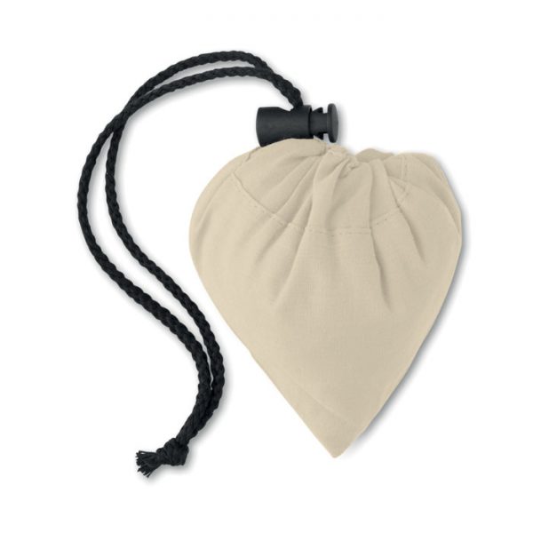 Bolsa de la compra plegable en algodón de 105 gr/m² con asas cortas y cierre de cordón en la bolsa. Se entrega desplegada.